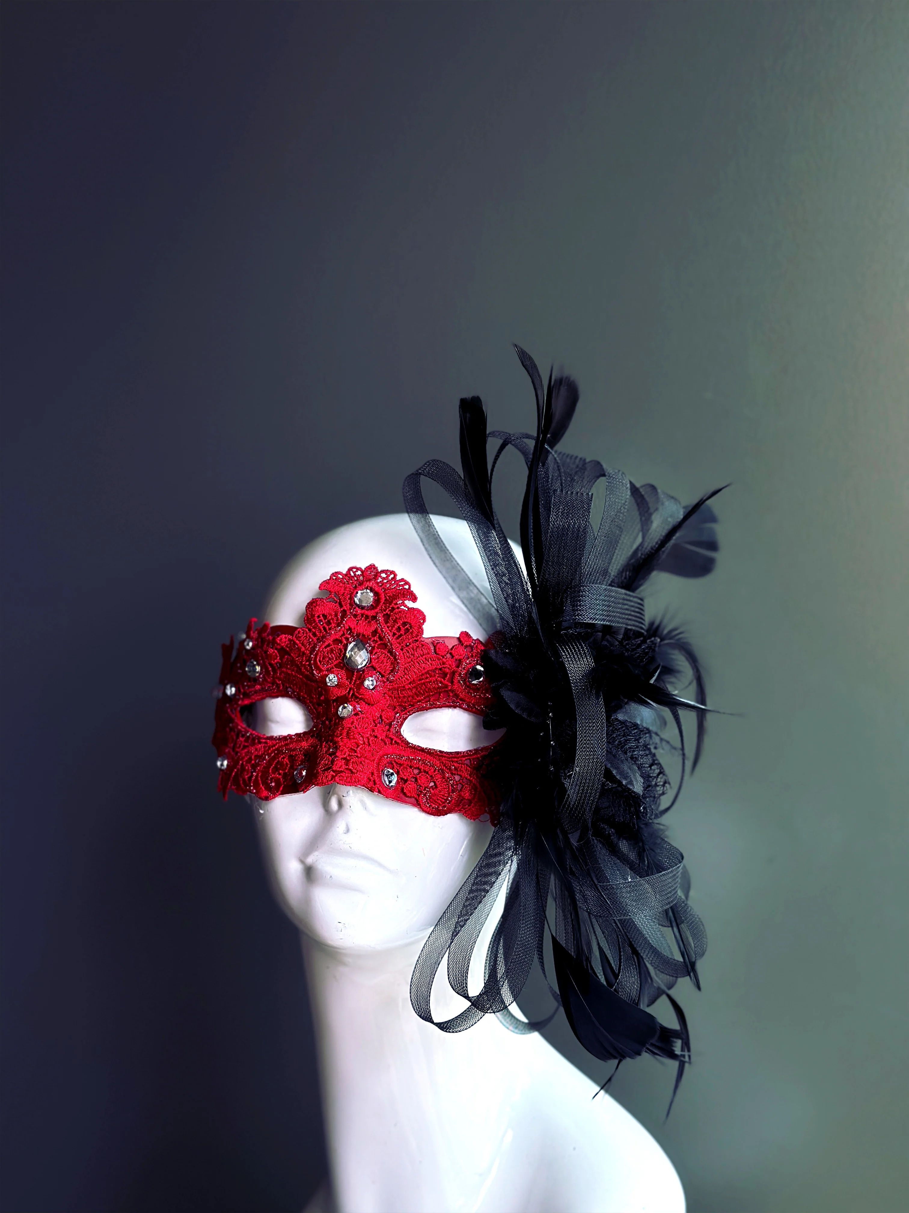 Red Brocade Mask- Black Tulle