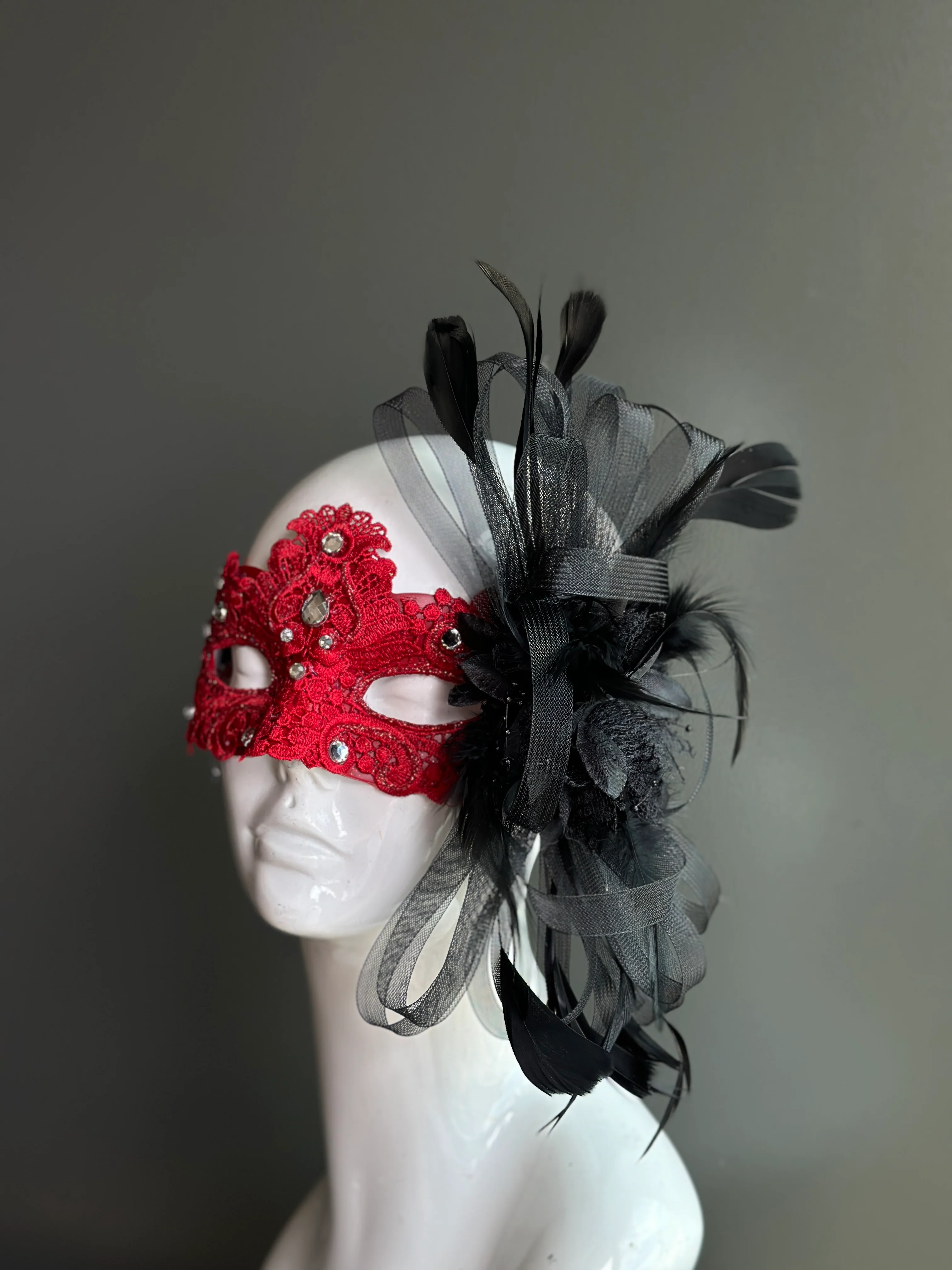 Red Brocade Mask- Black Tulle - Image 2