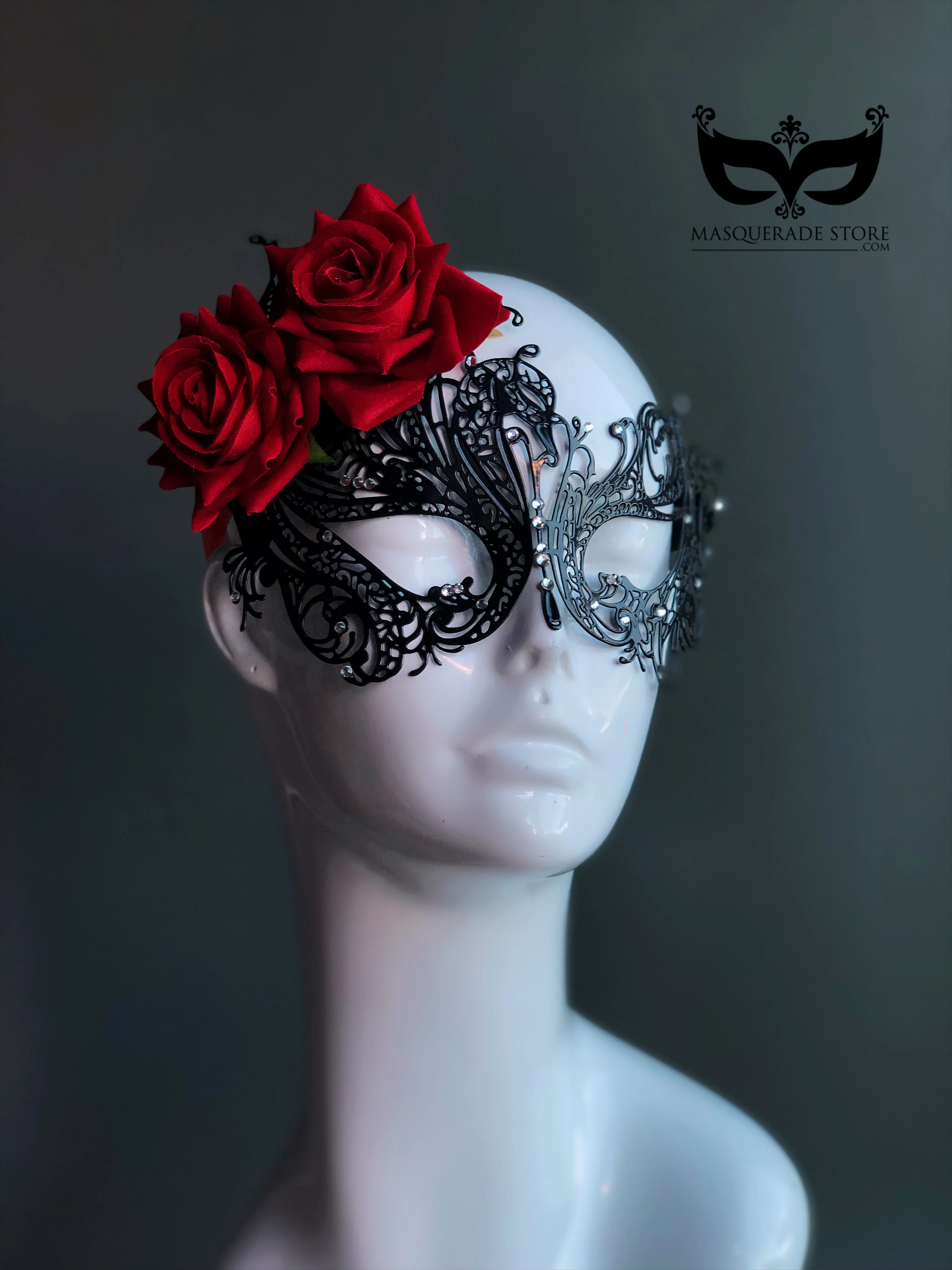Crimson Bloom Mask - Black with Red Roses