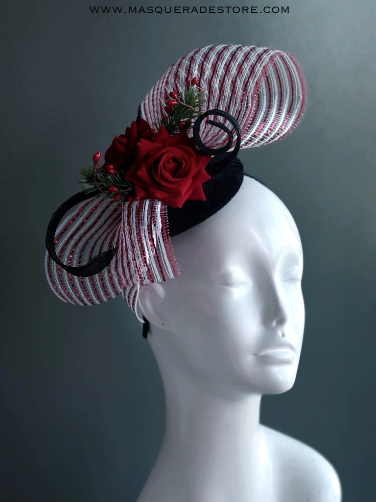 Red Rose Christmas Fascinator Hat with Candy Cane Mesh