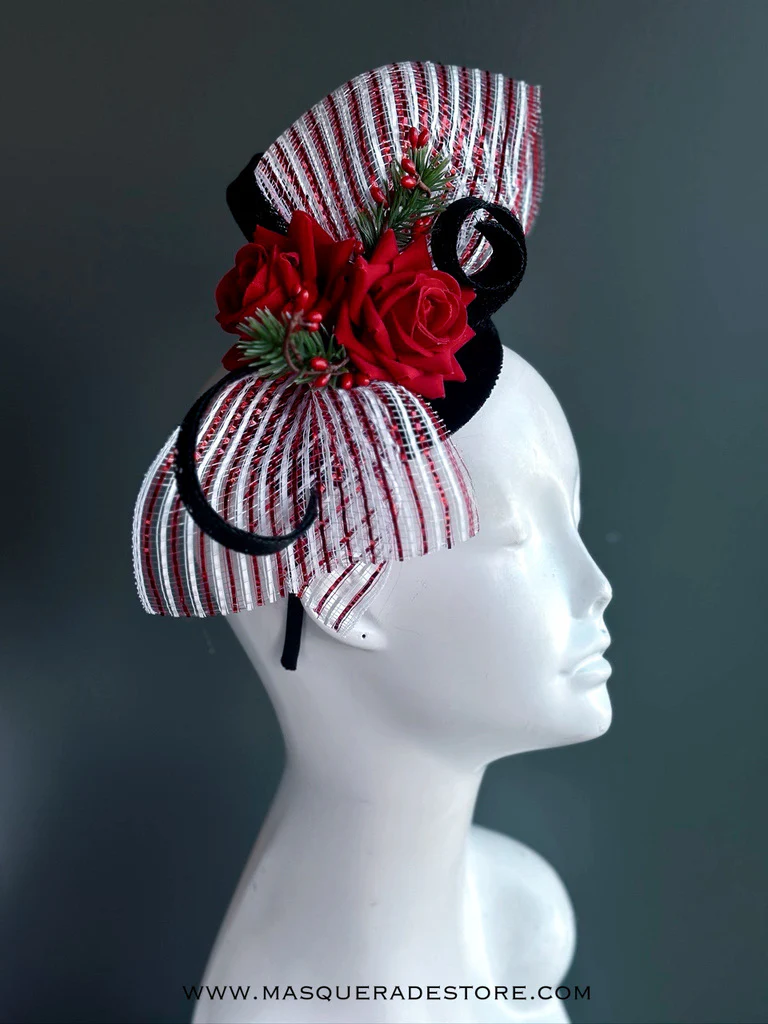 Red Rose Christmas Fascinator Hat with Candy Cane Mesh - Image 2