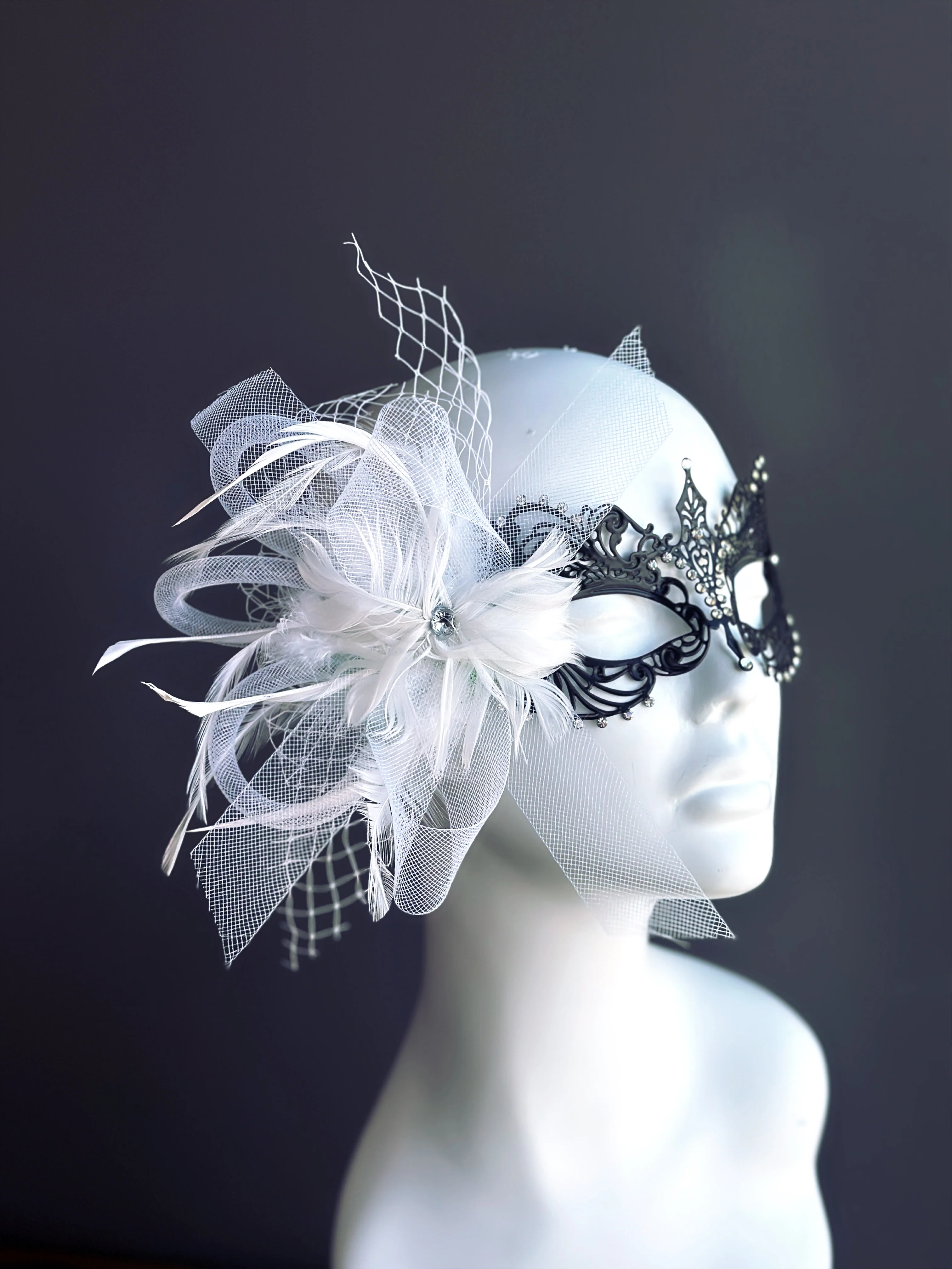 Ana Black Metal Mask - White Feathers - Image 2