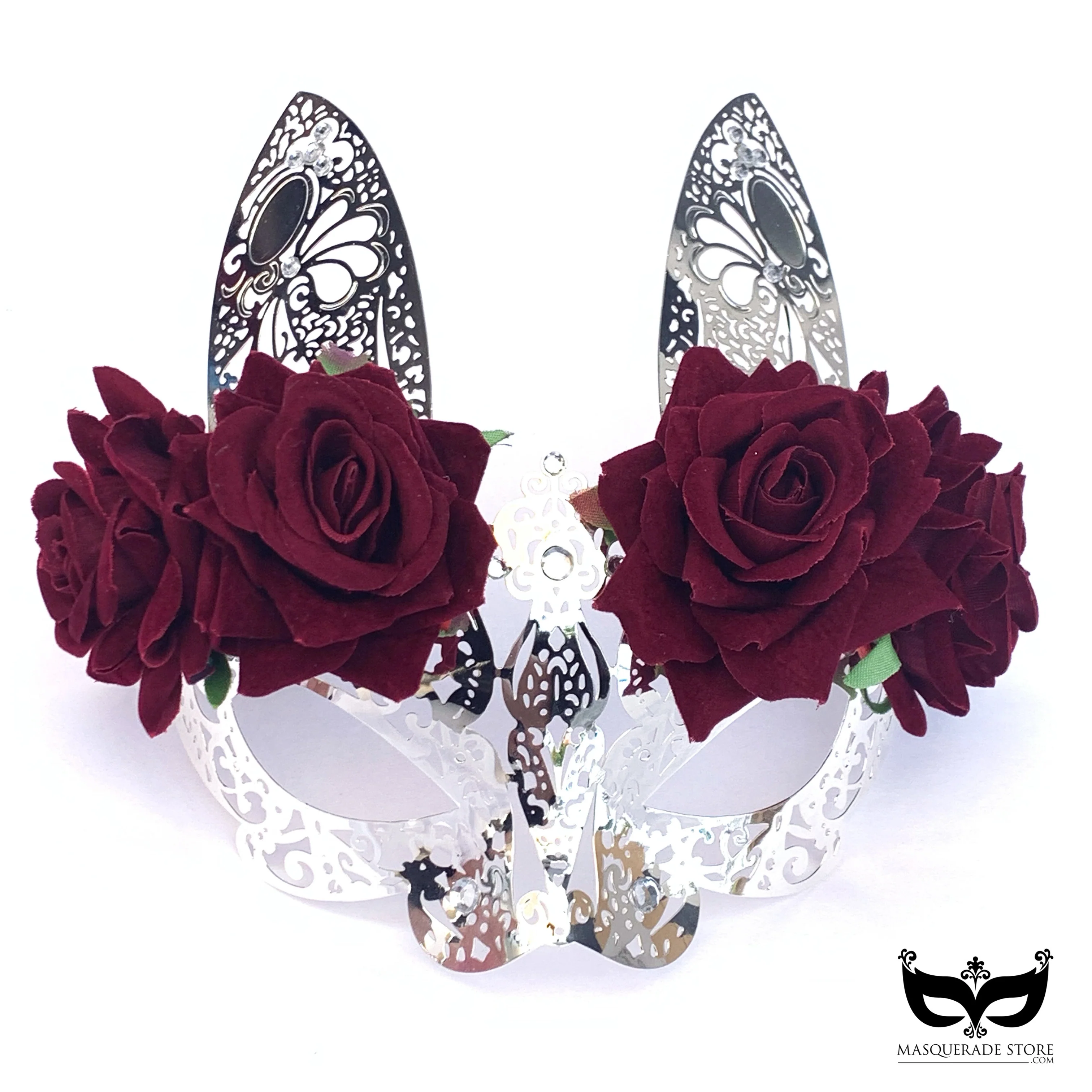 Metal Bunny Mask - Silver/Red Rose - Image 2