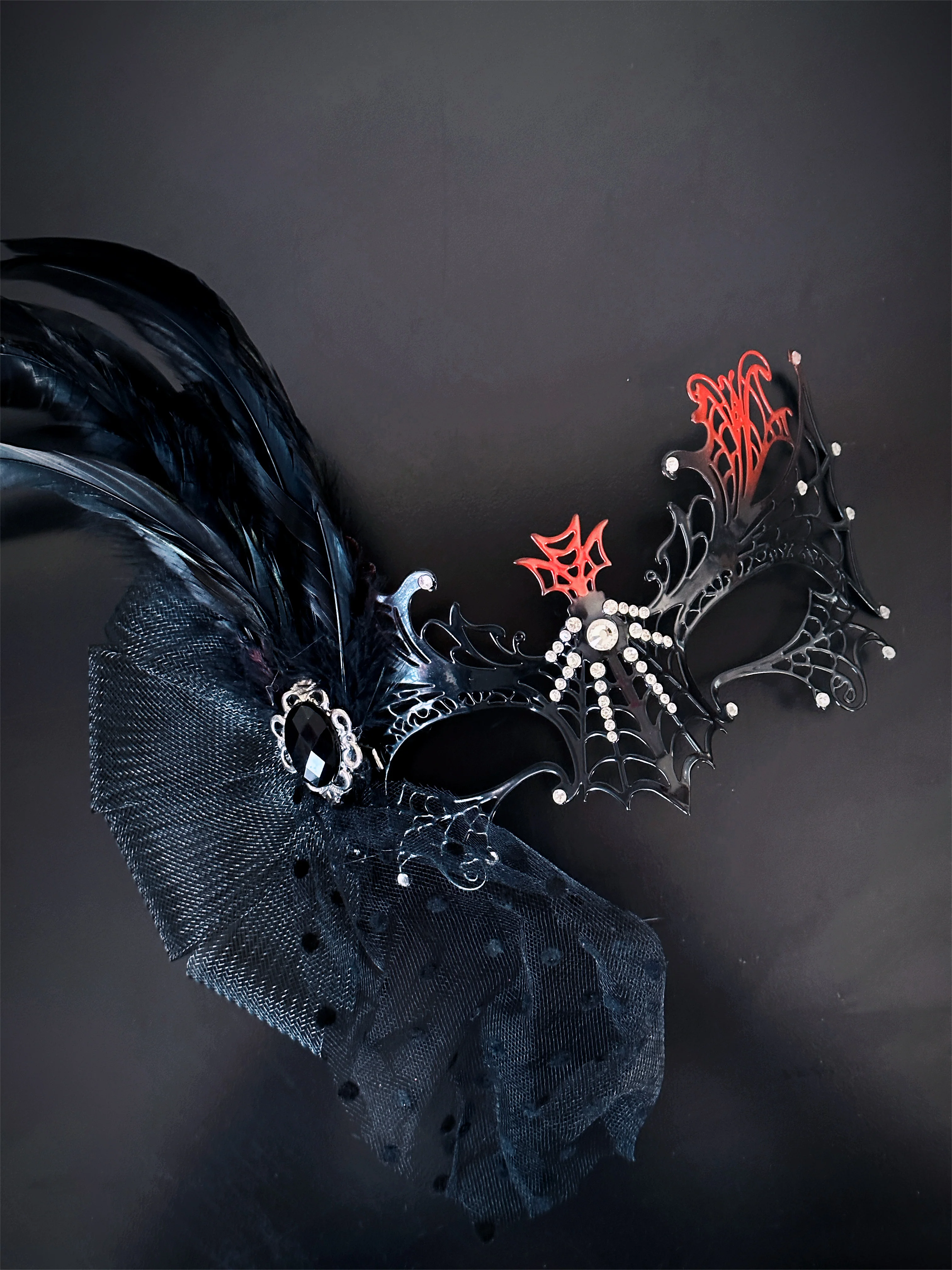 Spider Web Feather Mask - Black/Red