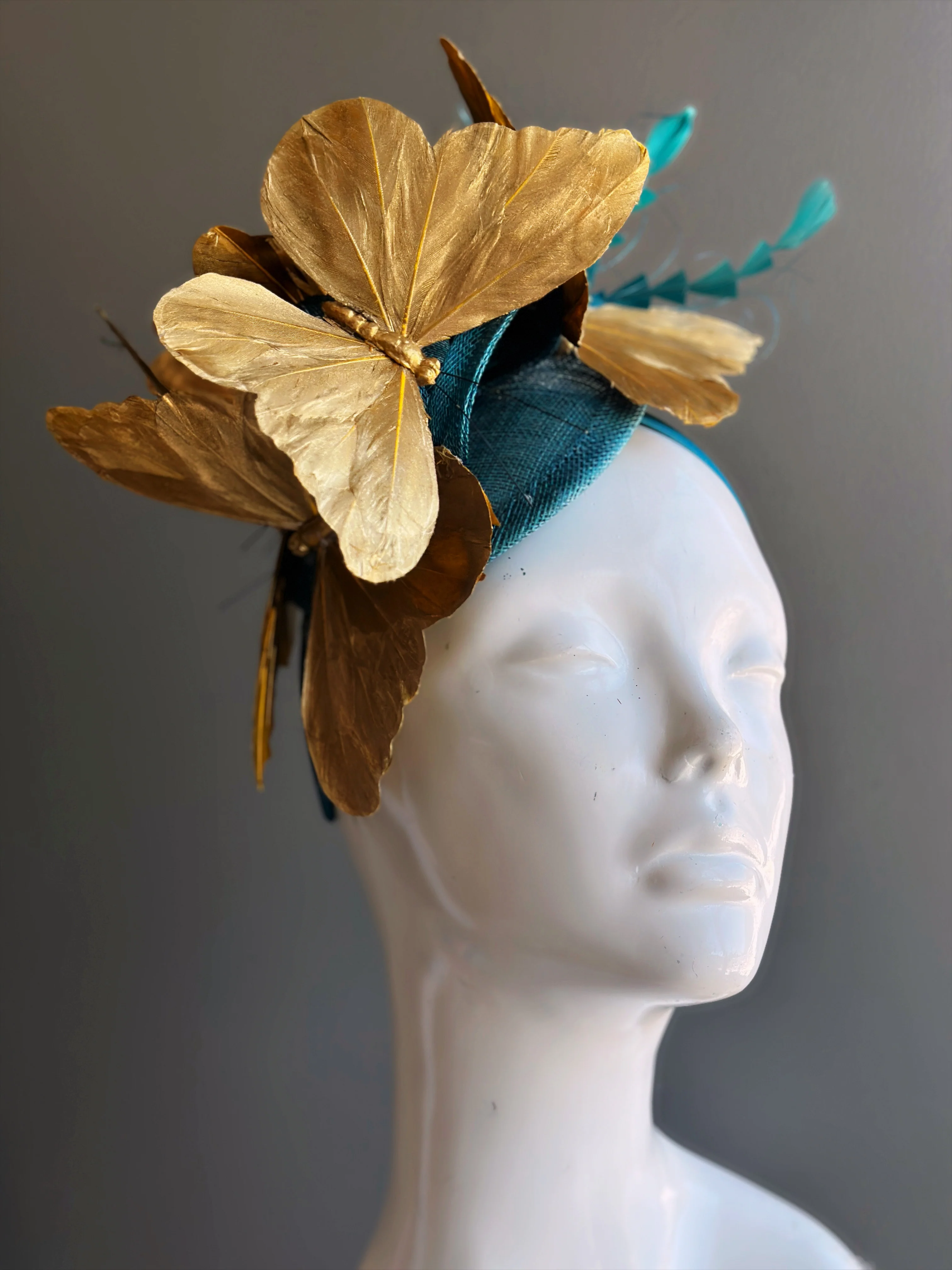Butterfly Fascinator Teal Gold - Image 3