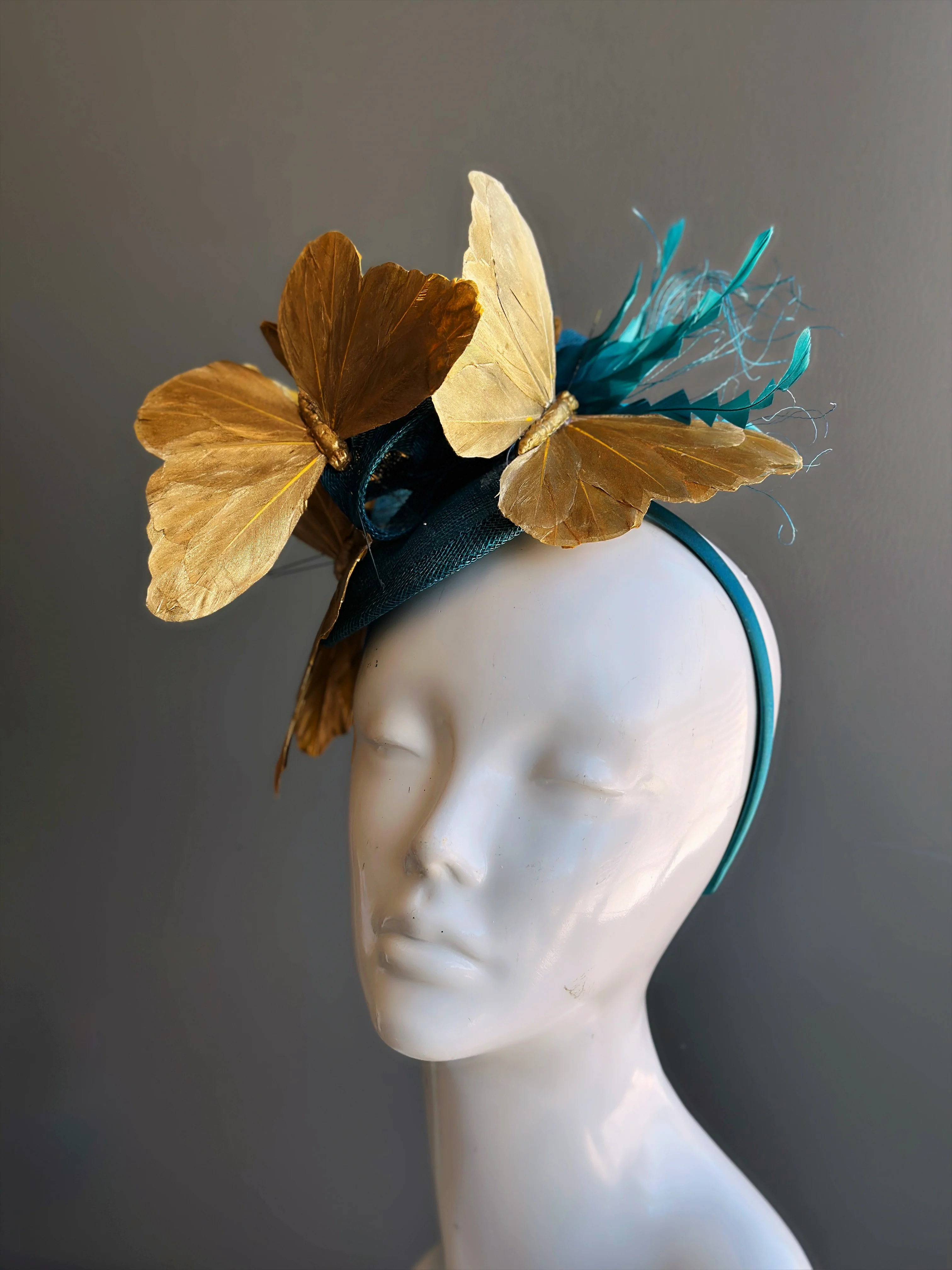 Butterfly Fascinator Teal Gold - Image 5