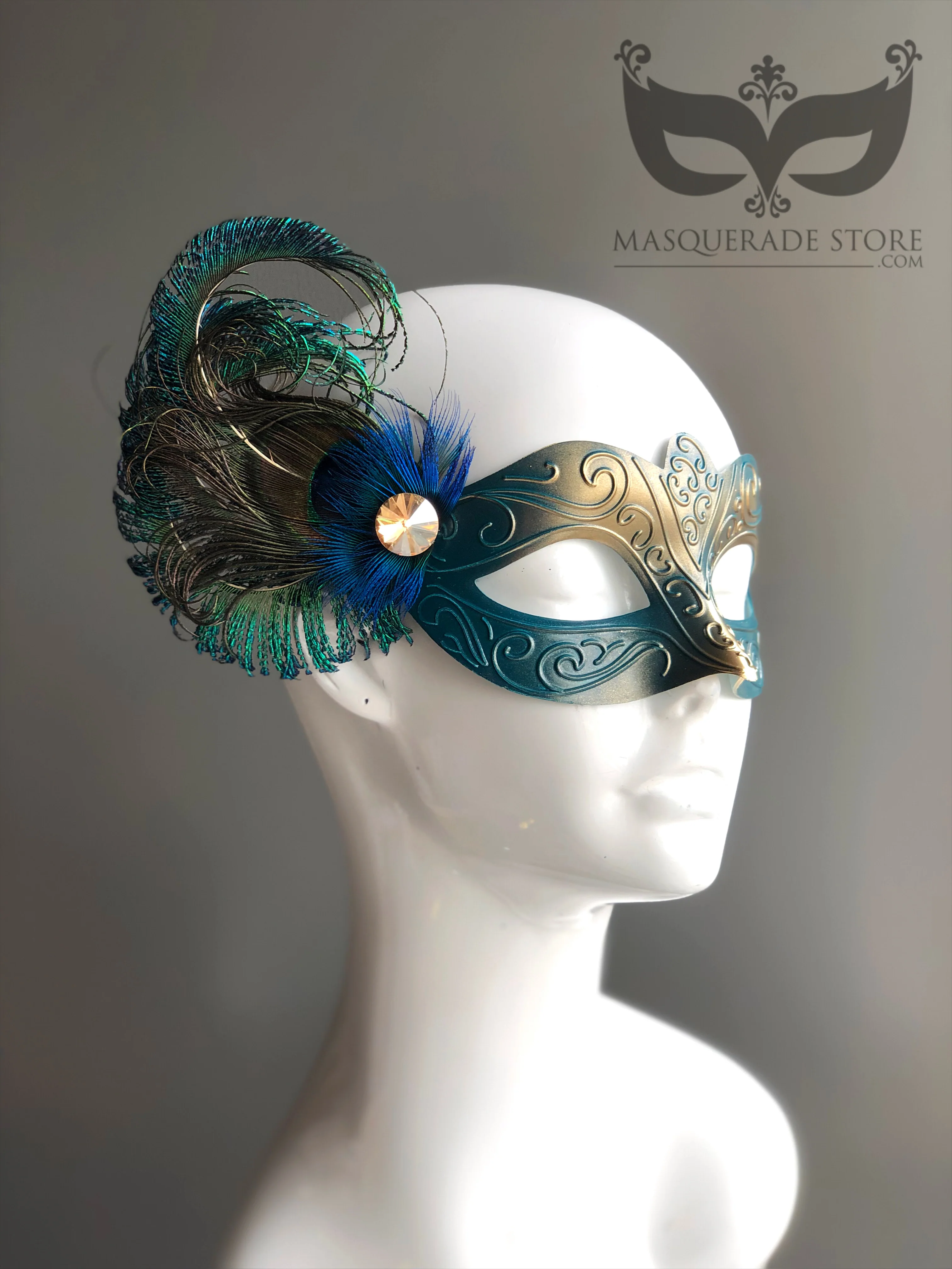 The Muse Teal Gold Mask - Peacock Feathers - Image 3