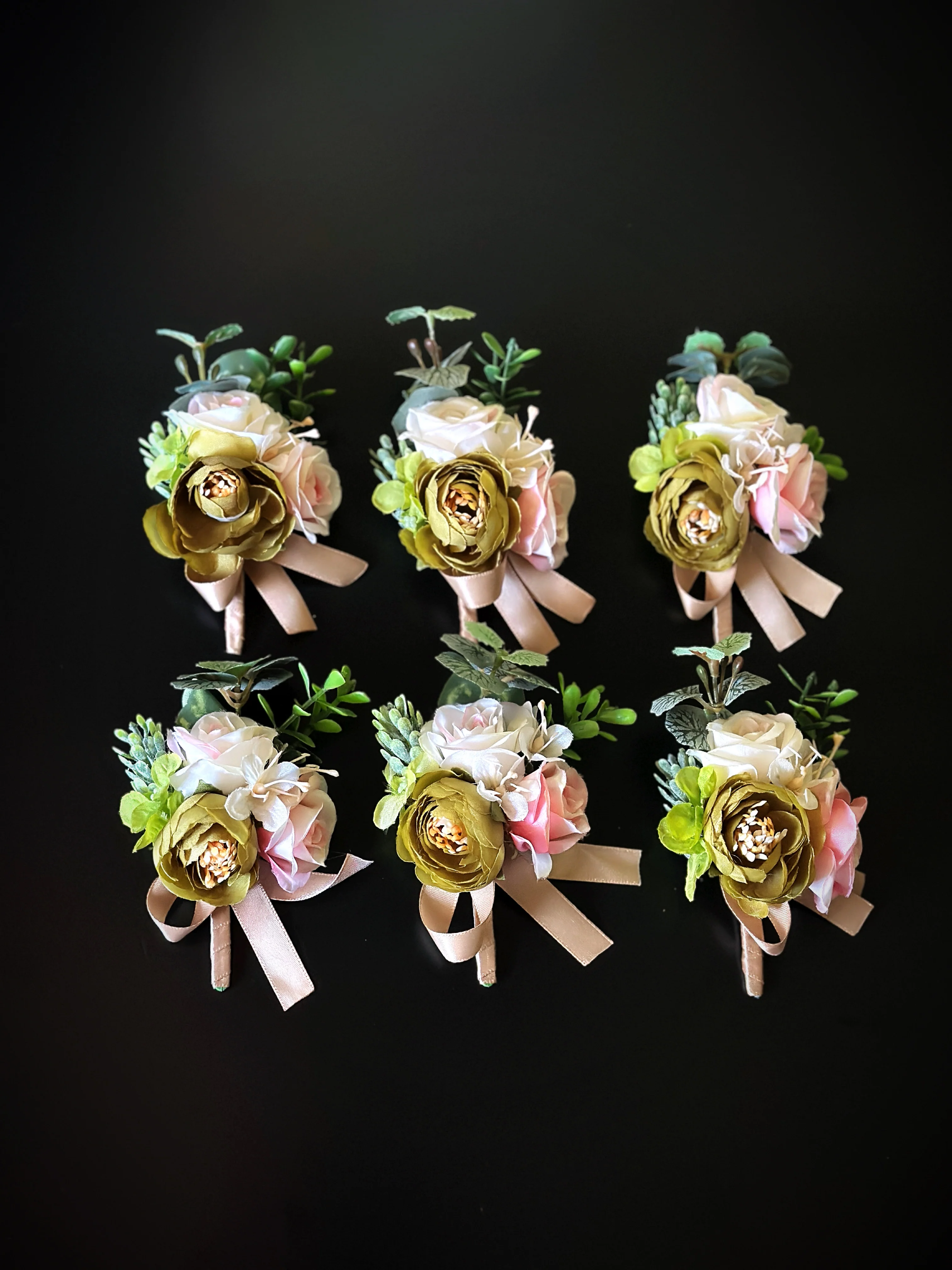 Wedding Boutonniere Set - 6 PCS - Green Pink Gold - Image 4