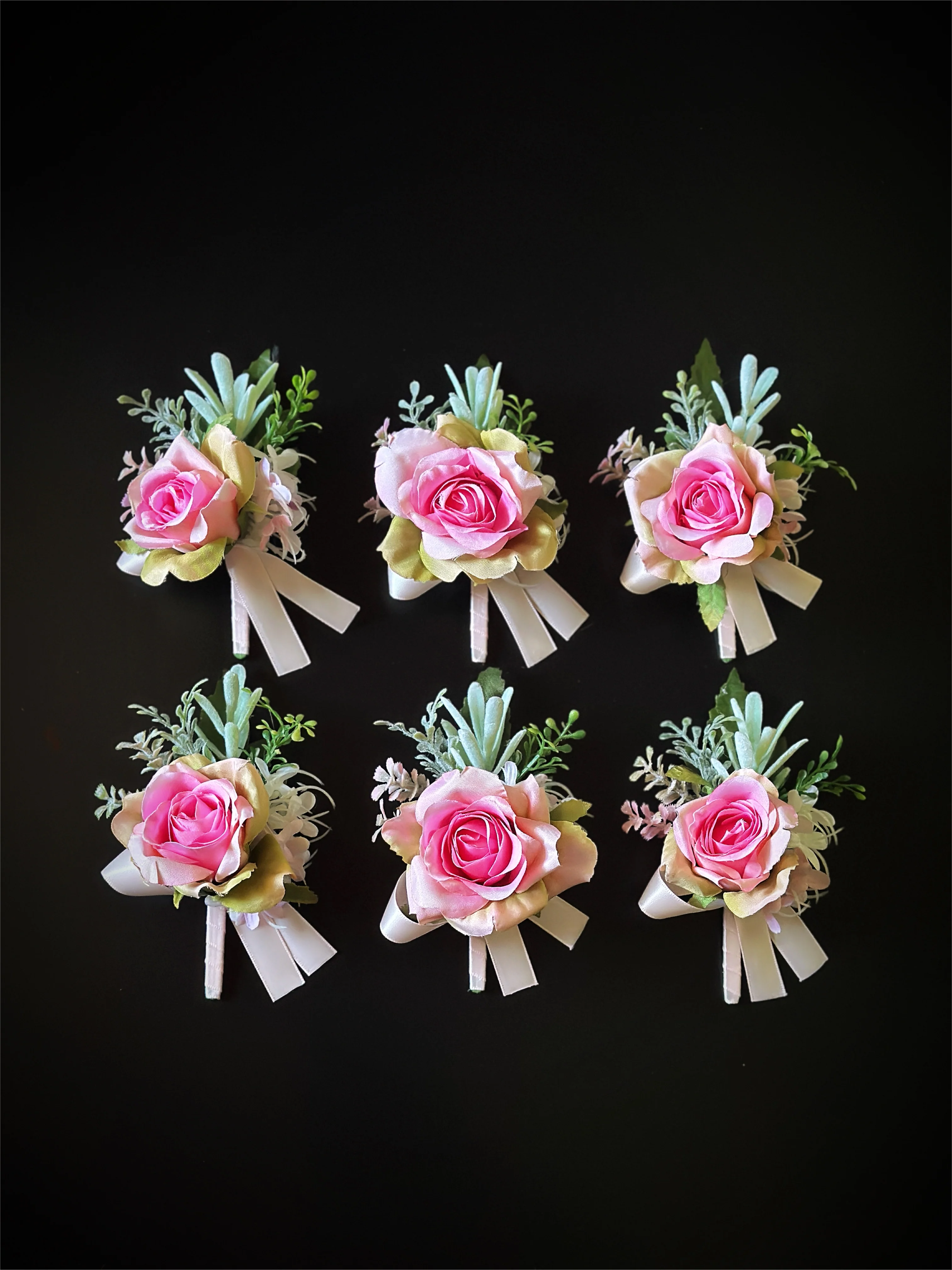 Wedding Boutonniere Set - 6 PCS - Pink Green - Image 4