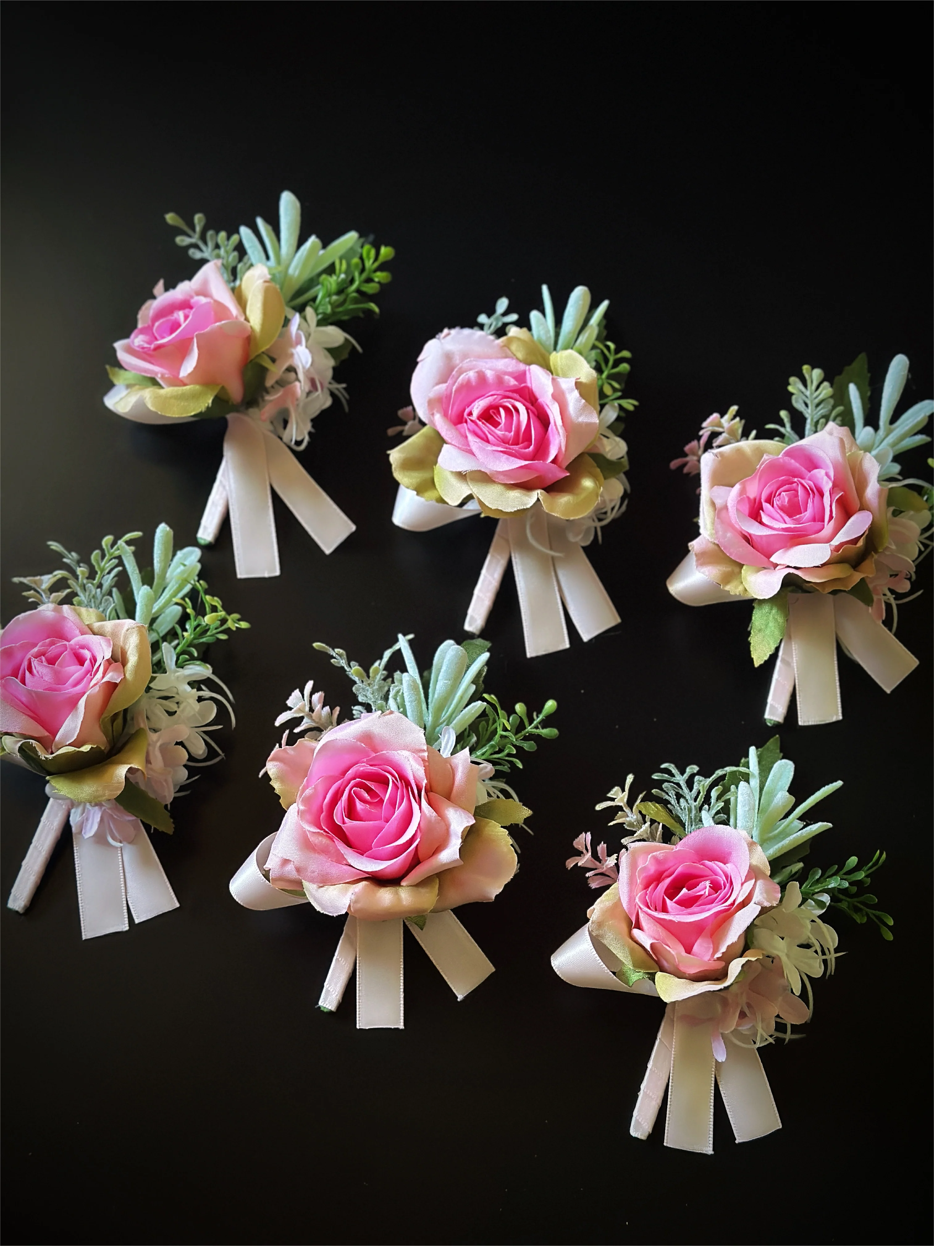Wedding Boutonniere Set - 6 PCS - Pink Green - Image 5