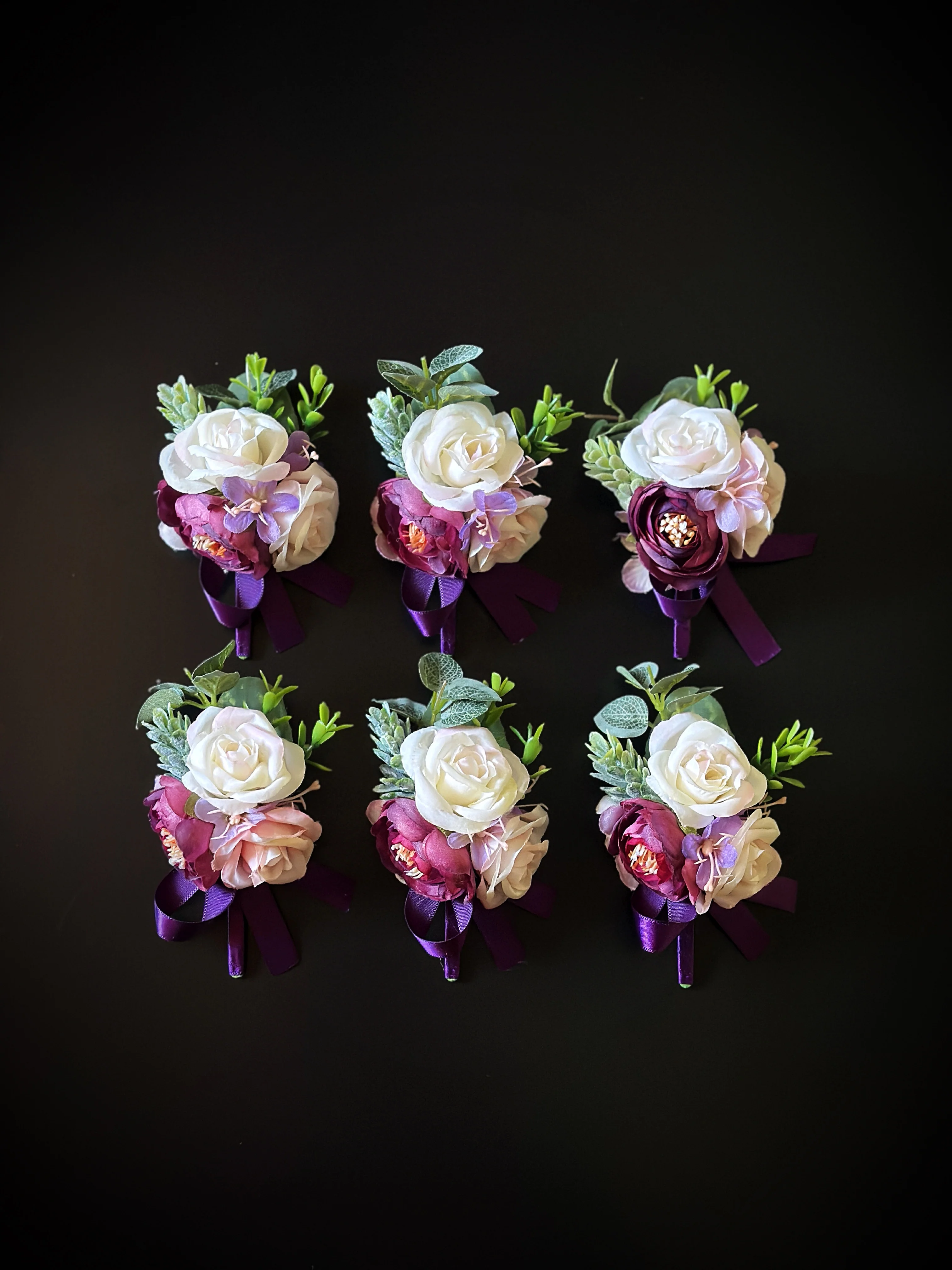 Wedding Boutonniere Set - 6 PCS - Purple White - Image 3