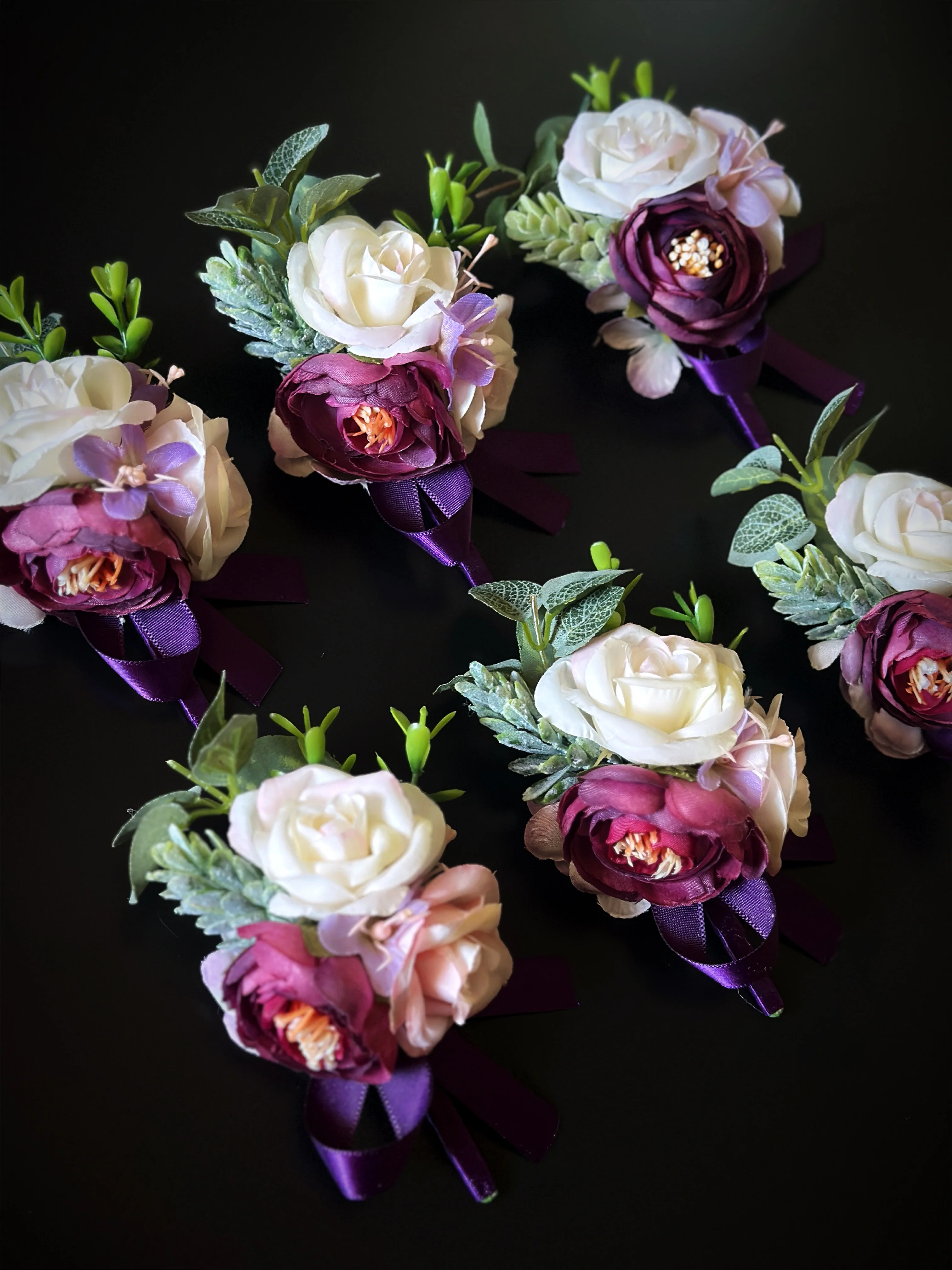 Wedding Boutonniere Set - 6 PCS - Purple White - Image 5