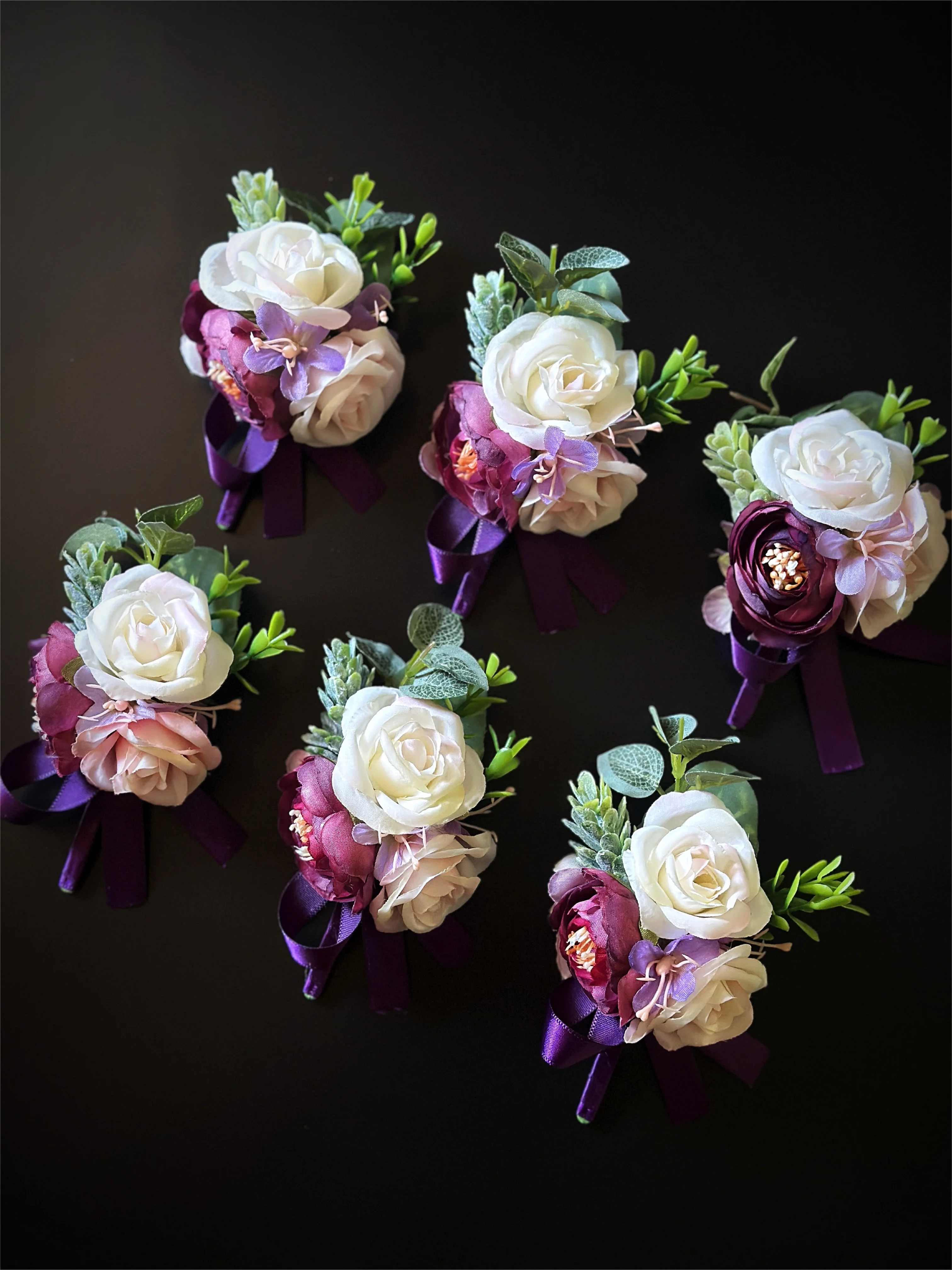 Wedding Boutonniere Set - 6 PCS - Purple White - Image 6