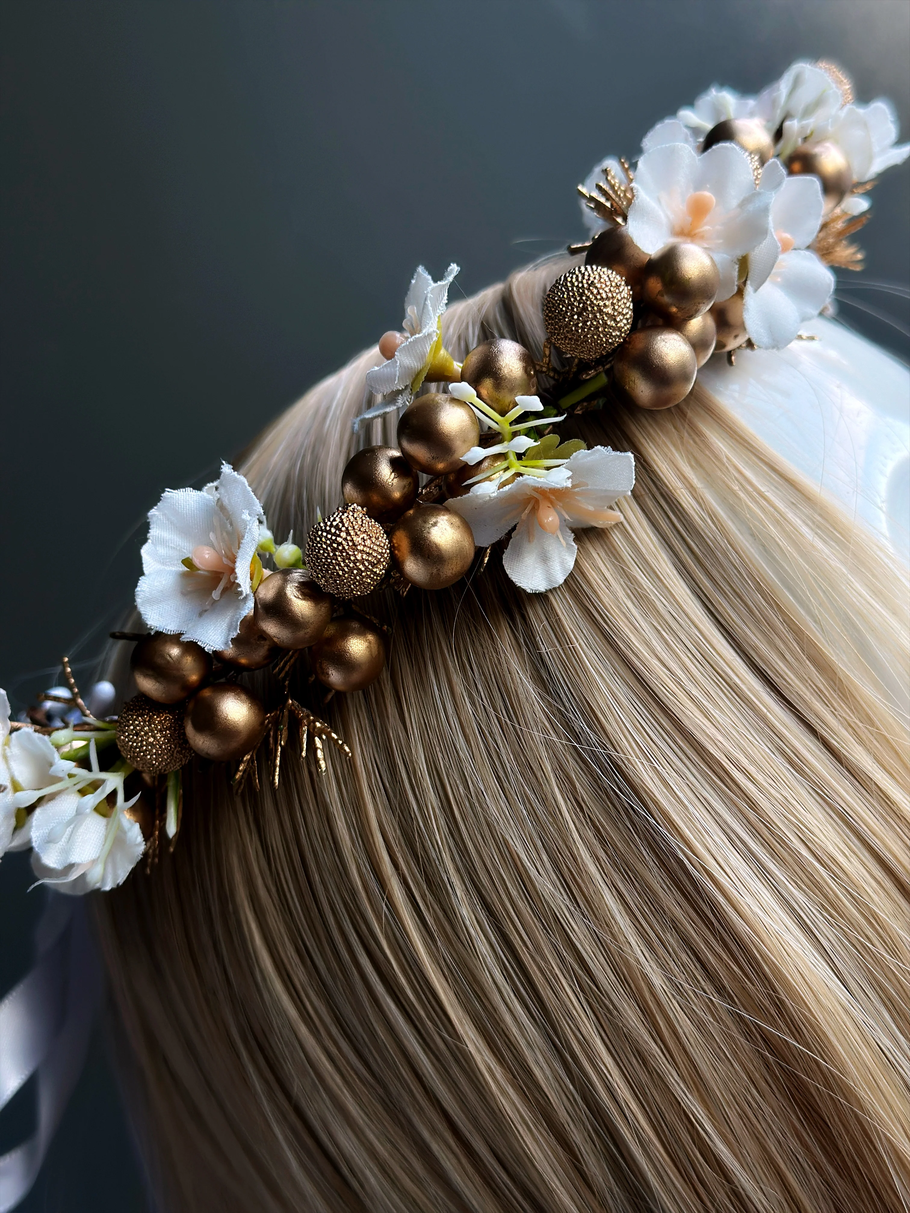 White and Gold Flower Crown – Floral Headband - Image 2