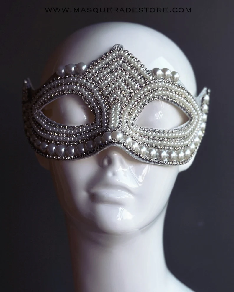 White Pearl Rhinestone Womens Mask - Image 4