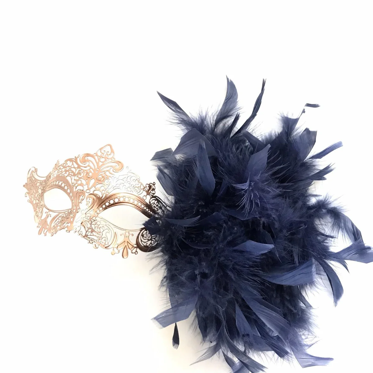 Elegant Venetian Rose Gold Mask - Navy Feathers - Image 2