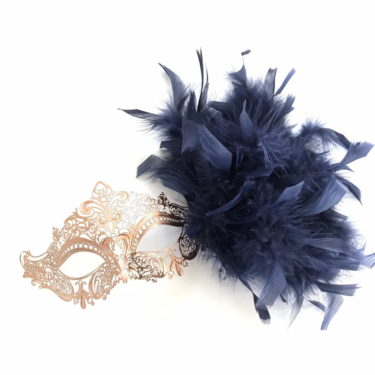 Elegant Venetian Rose Gold Mask - Navy Feathers - Image 3