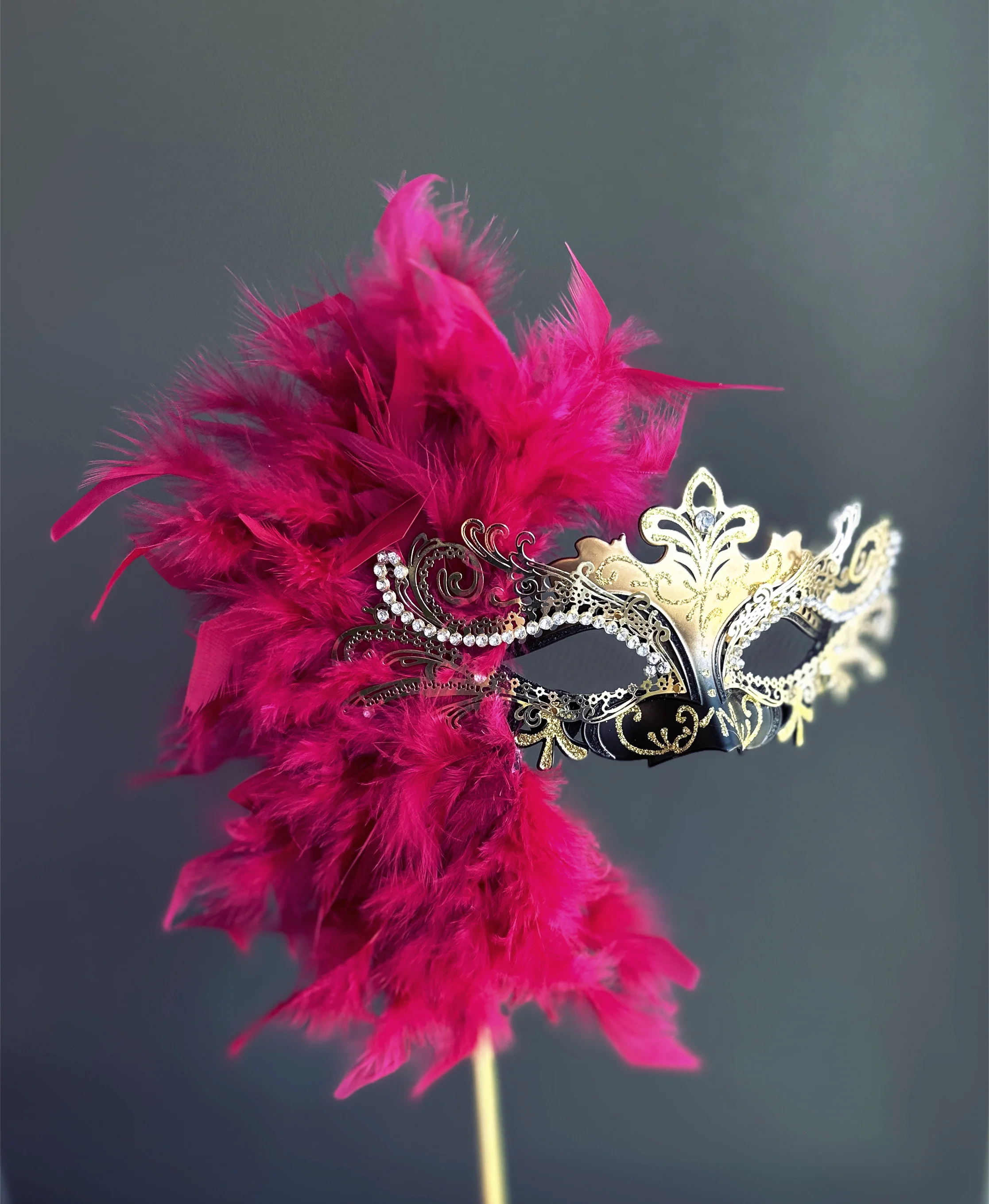Duca Handheld Stick Feather Mask - Gold/Black - Image 5