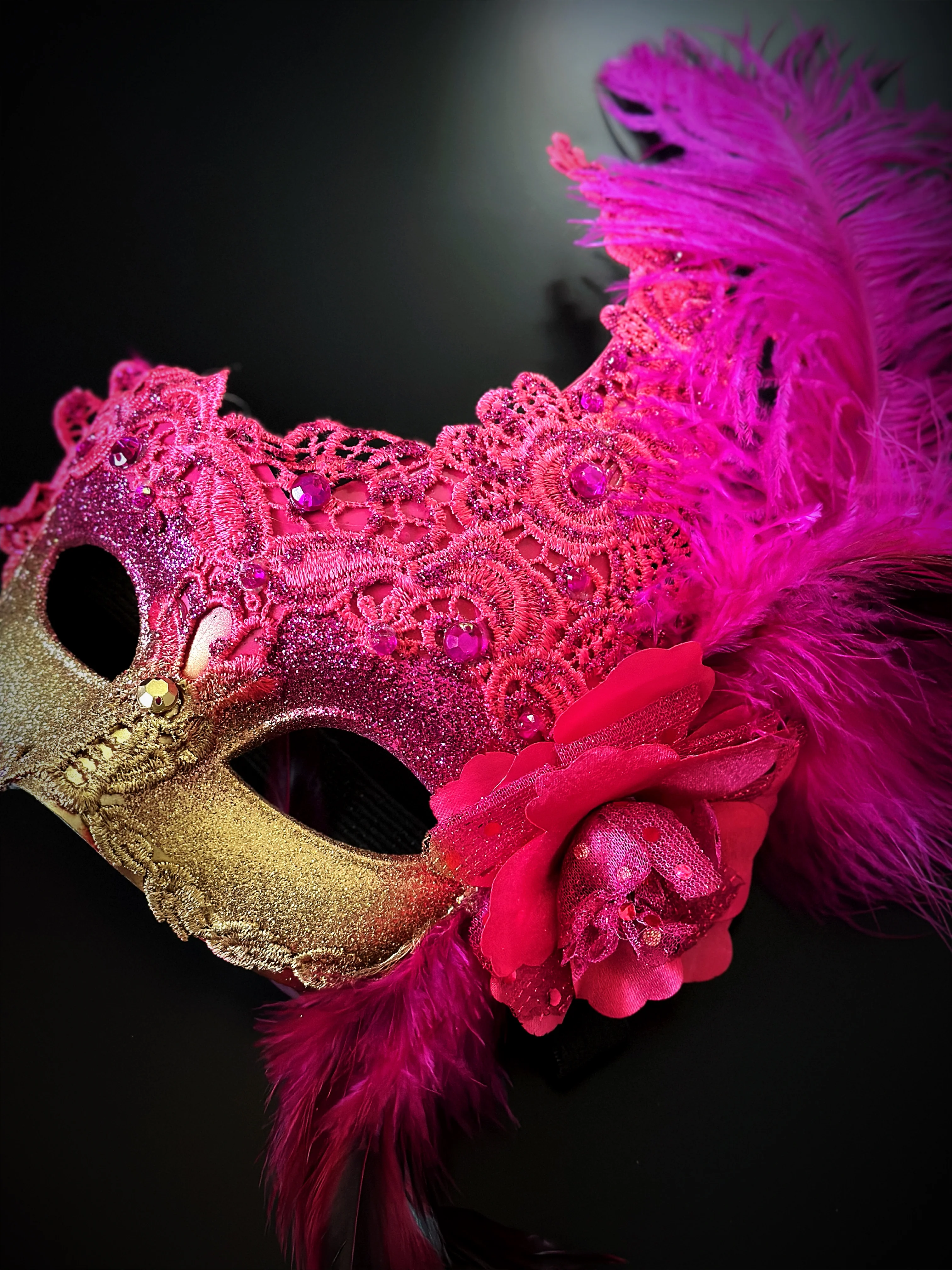 Brocade Feather Mask - Hot Pink Gold - Image 2