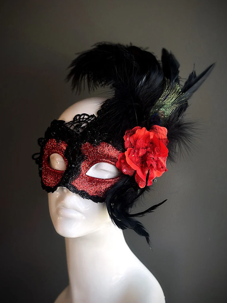 Brocade Feather Mask - Midnight Rose
