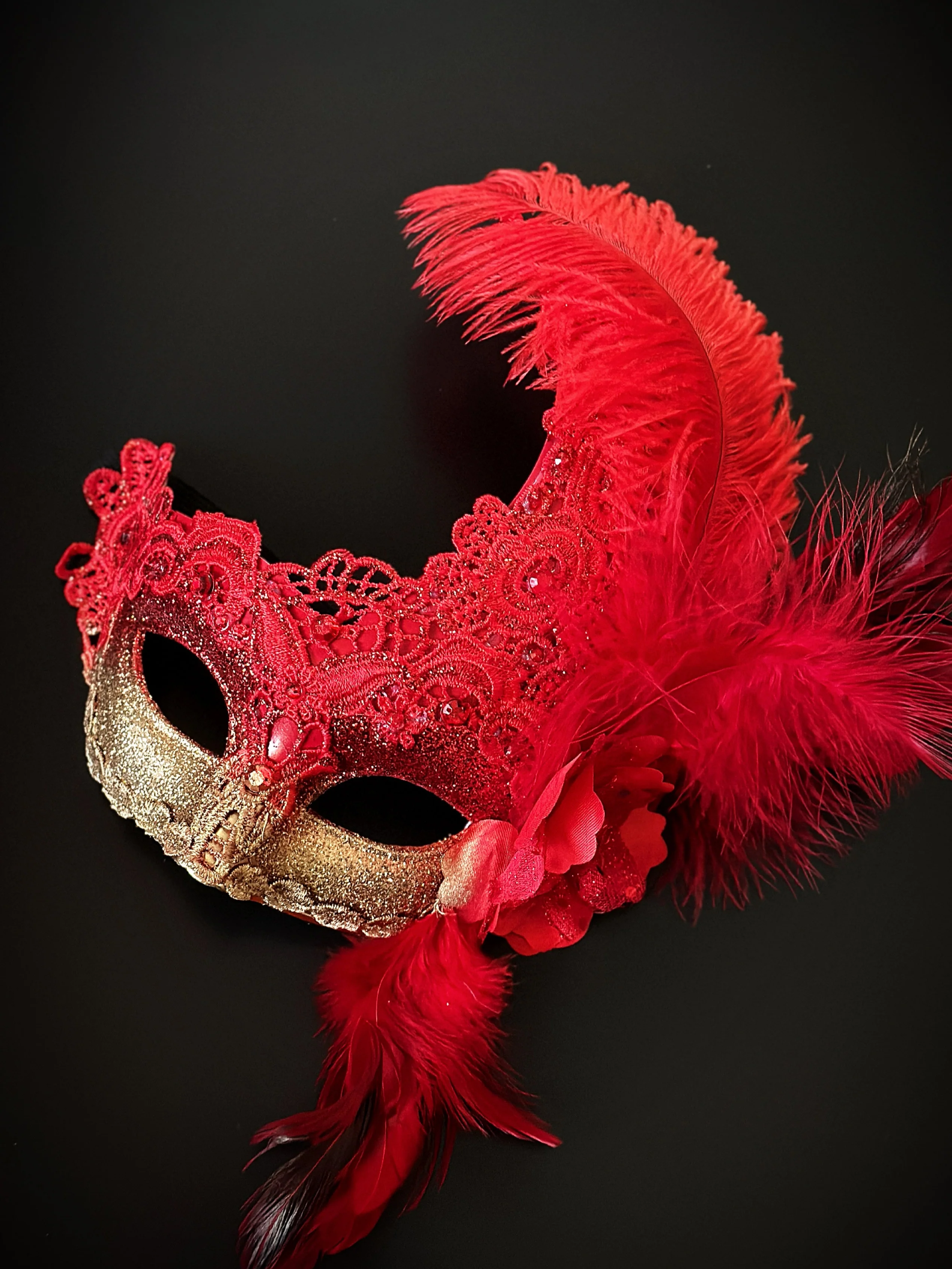 Brocade Feather Mask - Red Gold