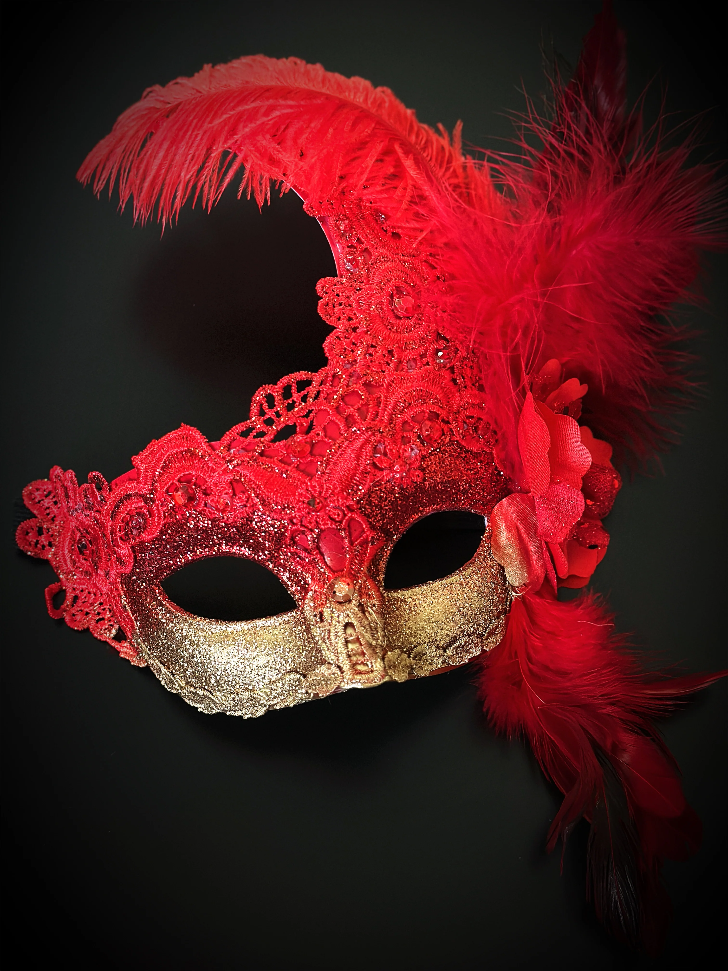 Brocade Feather Mask - Red Gold - Image 2
