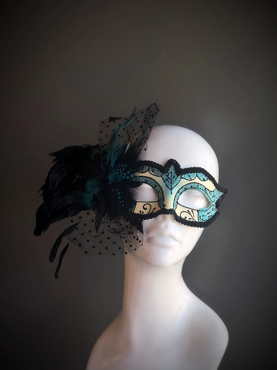 Polka Feather Mask - Turquoise/Black - Image 3