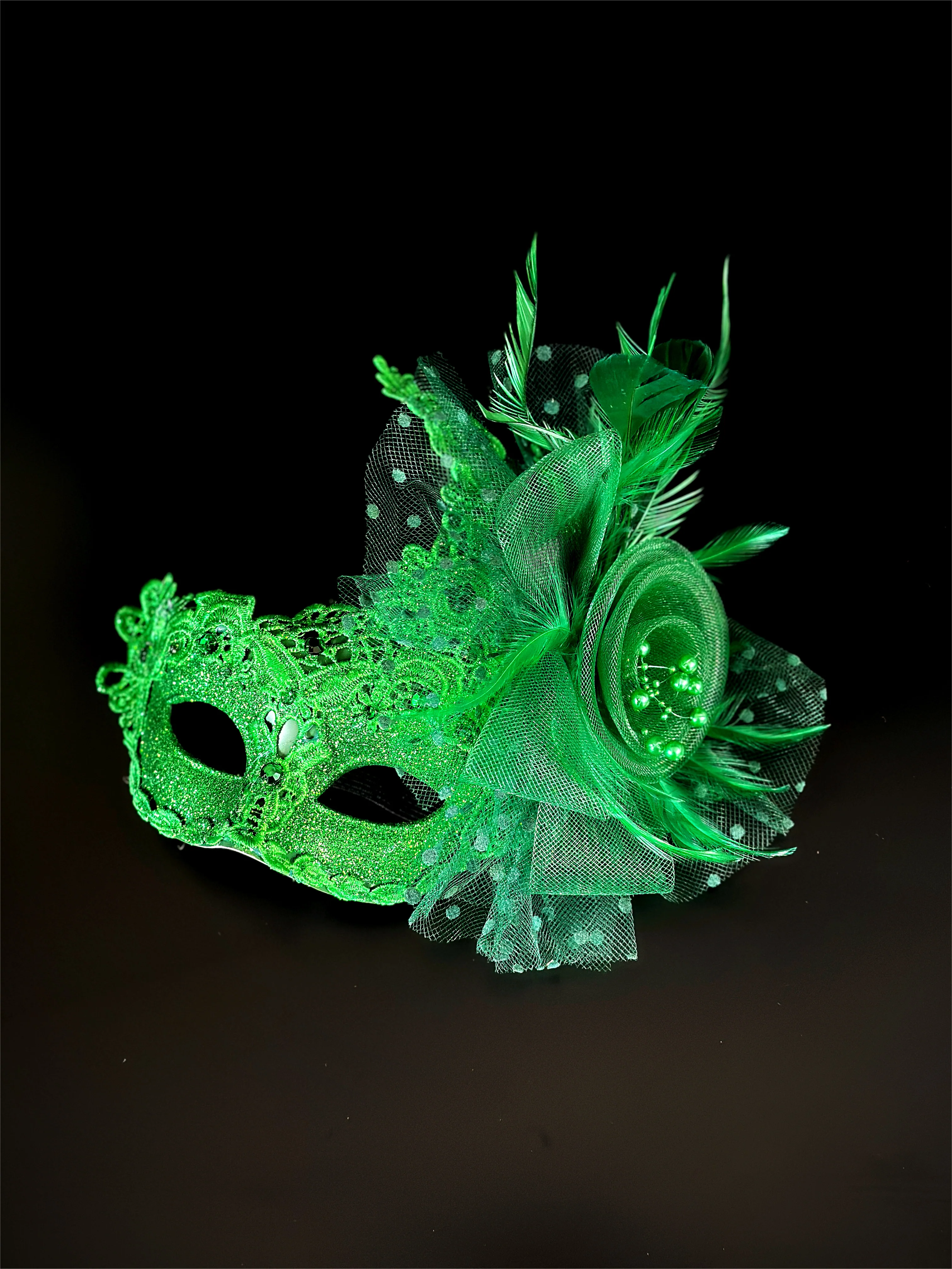 Brocade Feather Mask - Green Tulle