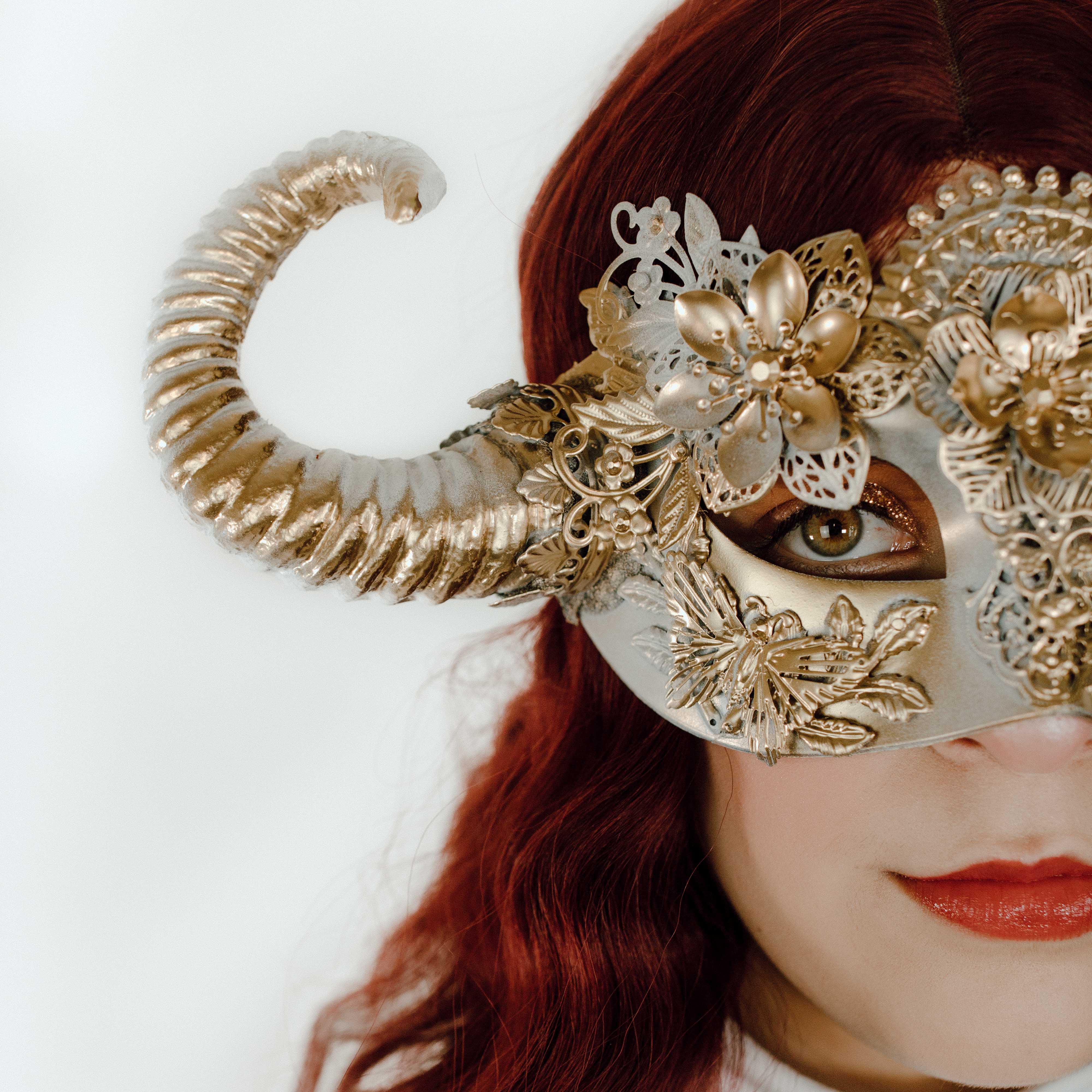 Mythical Horn Mask - Gold White Florals - Image 3