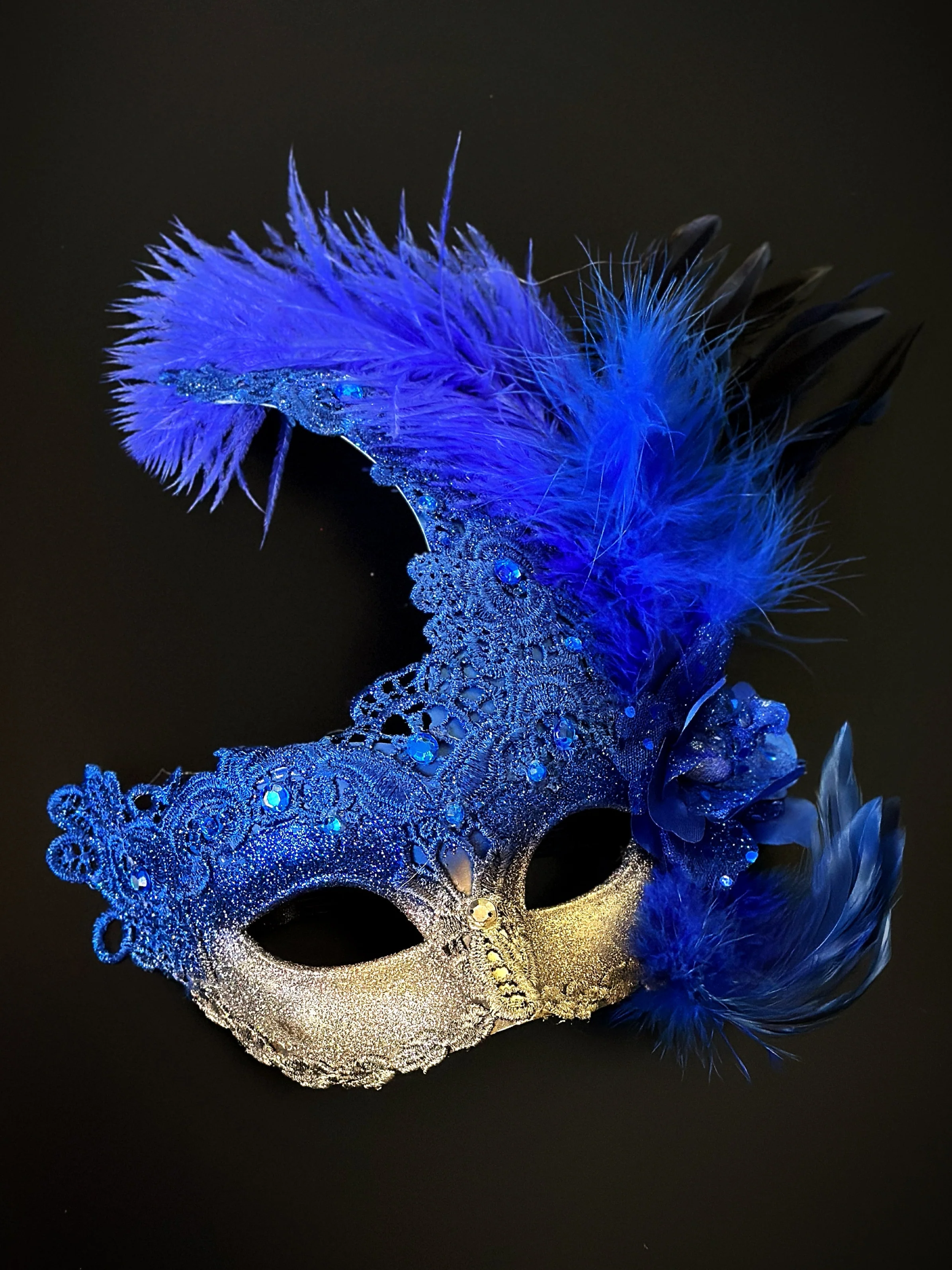 Brocade Feather Mask - Blue Gold