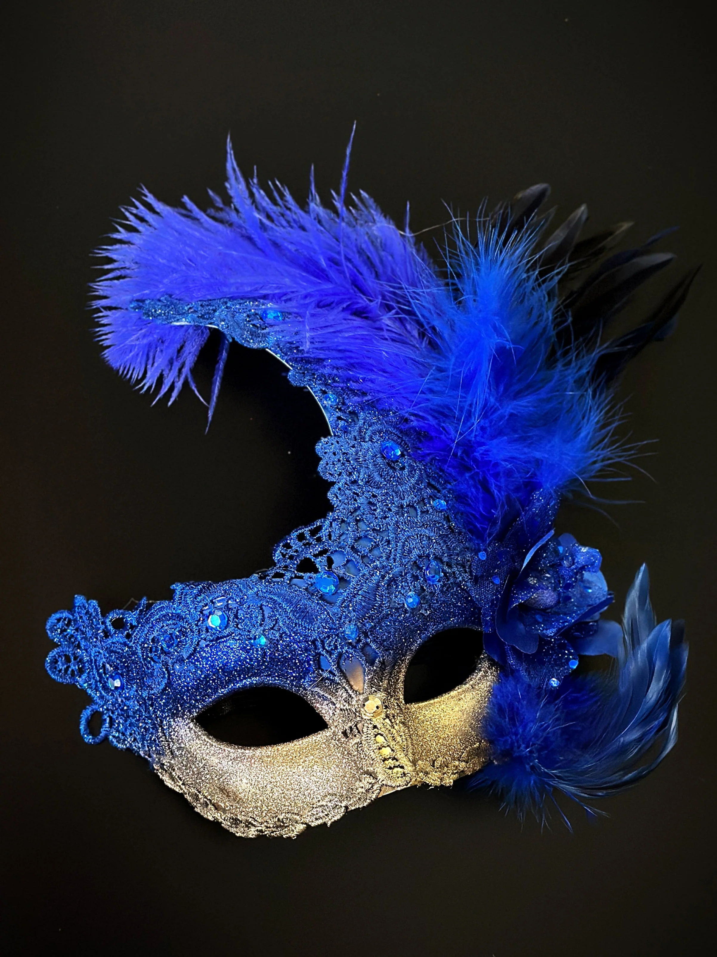 Brocade Feather Mask - Blue Gold - Image 2